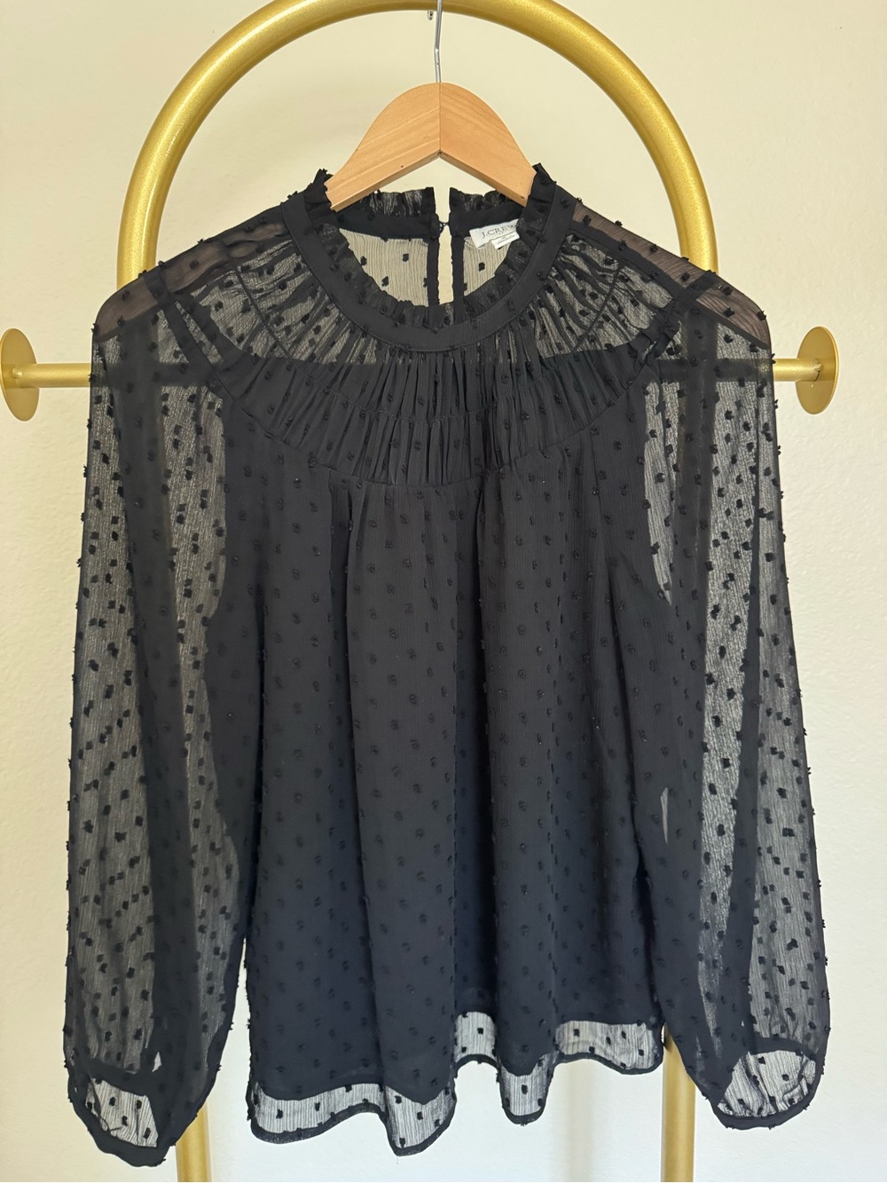 J.CREW Black Sheer Chiffon Polka Dot Ruffle High Neck Long Sleeve Blouse S